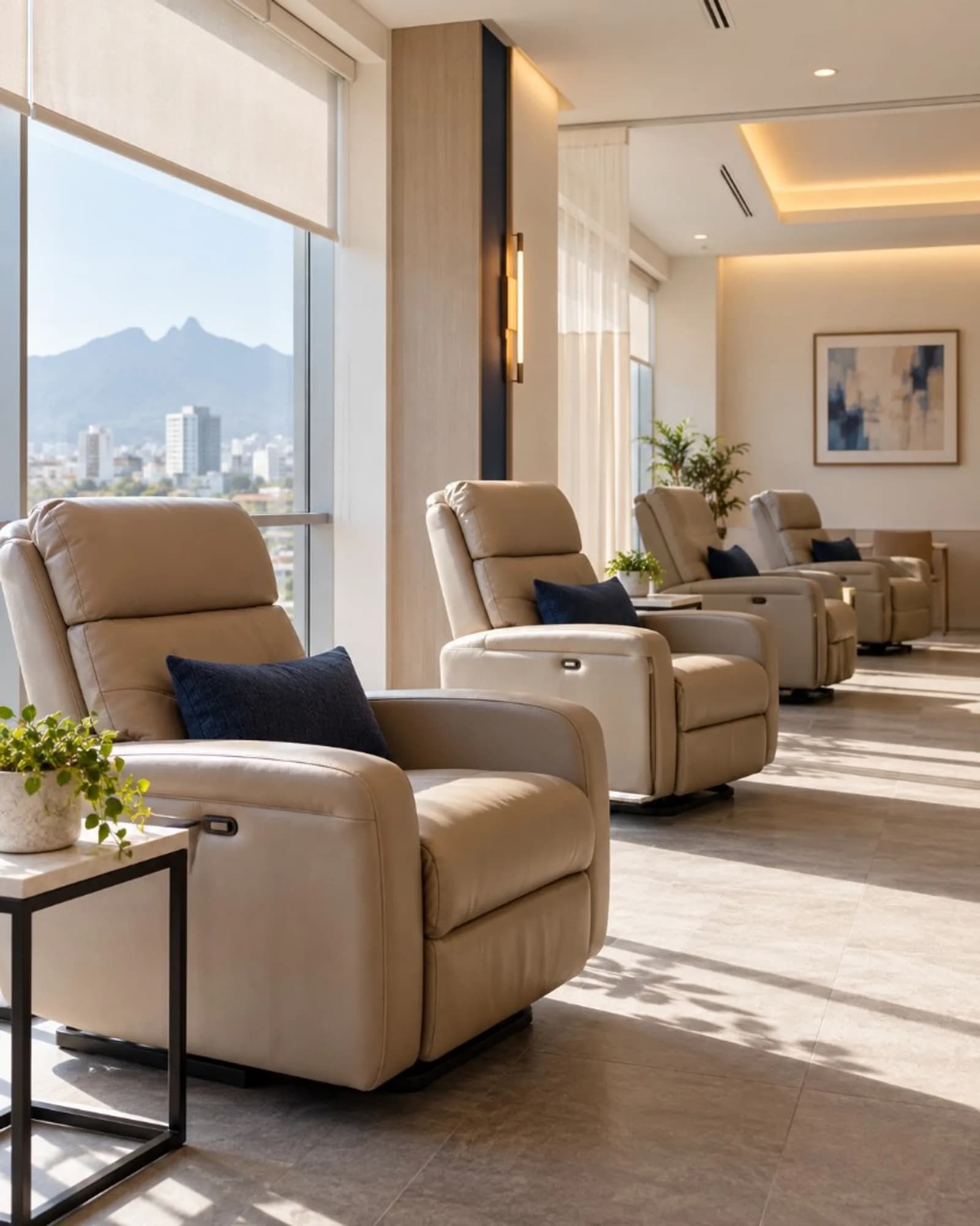 Sala de hemodiálisis con sillones clínicos y monitores, iluminada con luz natural