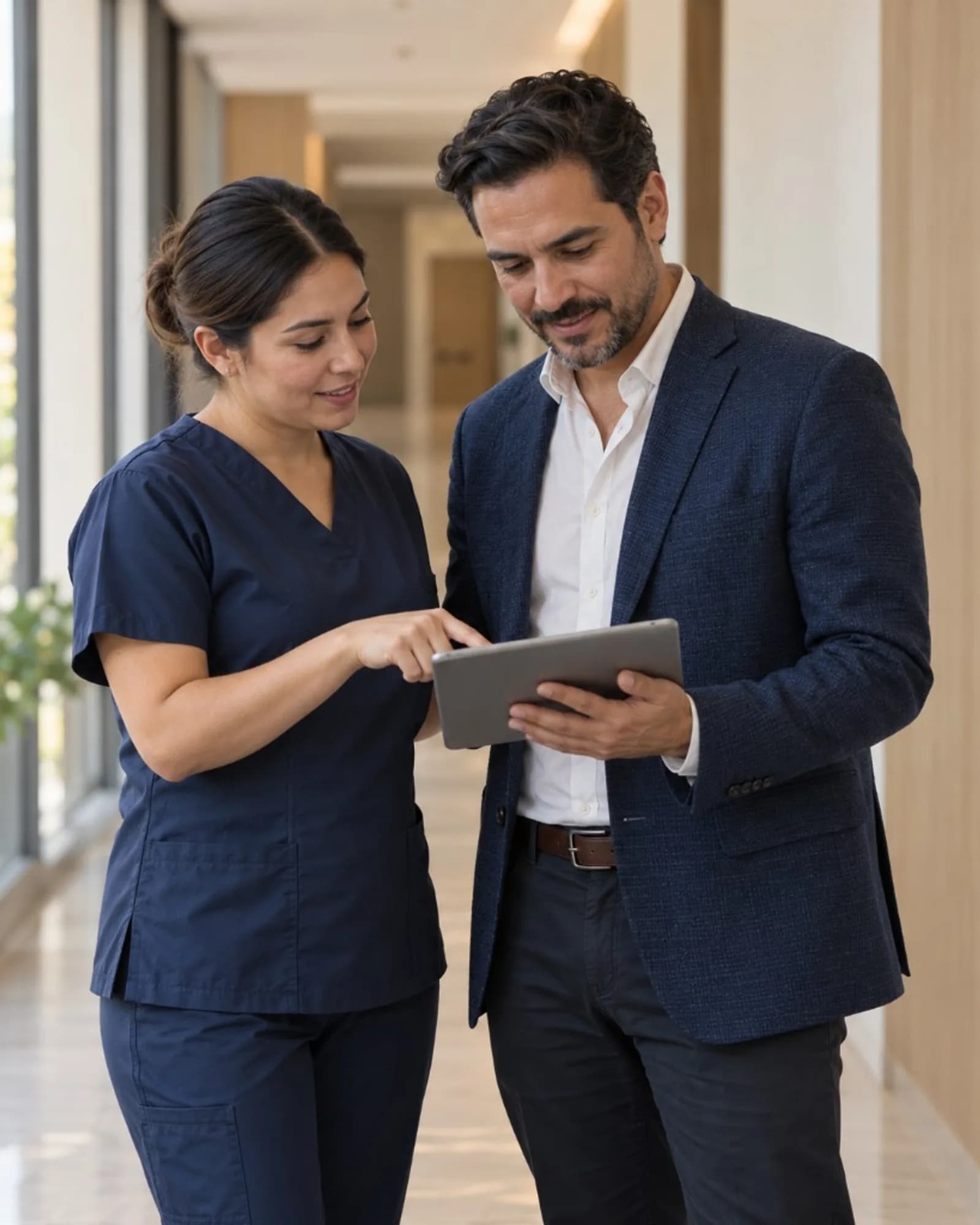 Asesor de Medilink Global revisando insumos con personal de enfermería